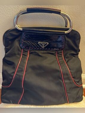 Prada Tessuto Nylon Iconic Metal Loop Handle/Logo Bag with Leather Trim